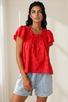 Floral Eyelet Flutter Sleeve Blouse - Red