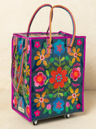 Rolling Tote Bag - Teal Folk Flower