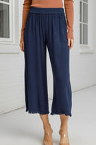 Wide Leg Frayed Hem Pants - Navy