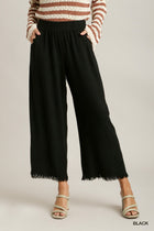 Wide Leg Frayed Hem Pants - Black