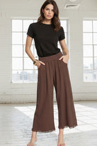 Wide Leg Frayed Hem Pants - Brown