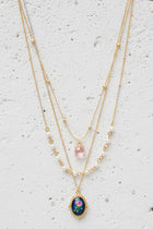 Layered Rose Print & Pearl Charm Necklace