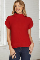 Sleeveless Mock Neck Knit Sweater-Red