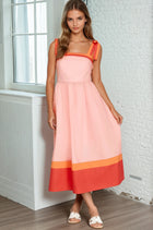 Color Block Ribbon Shoulder Midi