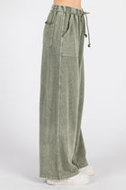 Mineral Wash French Terry Wide Leg Pants - Olive