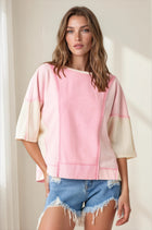 Mineral Wash Color Block Relaxed Fit Top - Pink Mix
