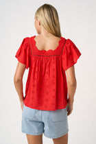 Floral Eyelet Flutter Sleeve Blouse - Red