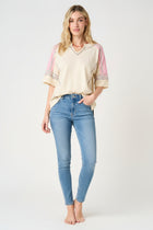 Floral Detail Color Block Short Sleeve Top