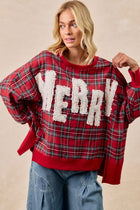 Fuzzy Letter Plaid Merry Sweatshirt