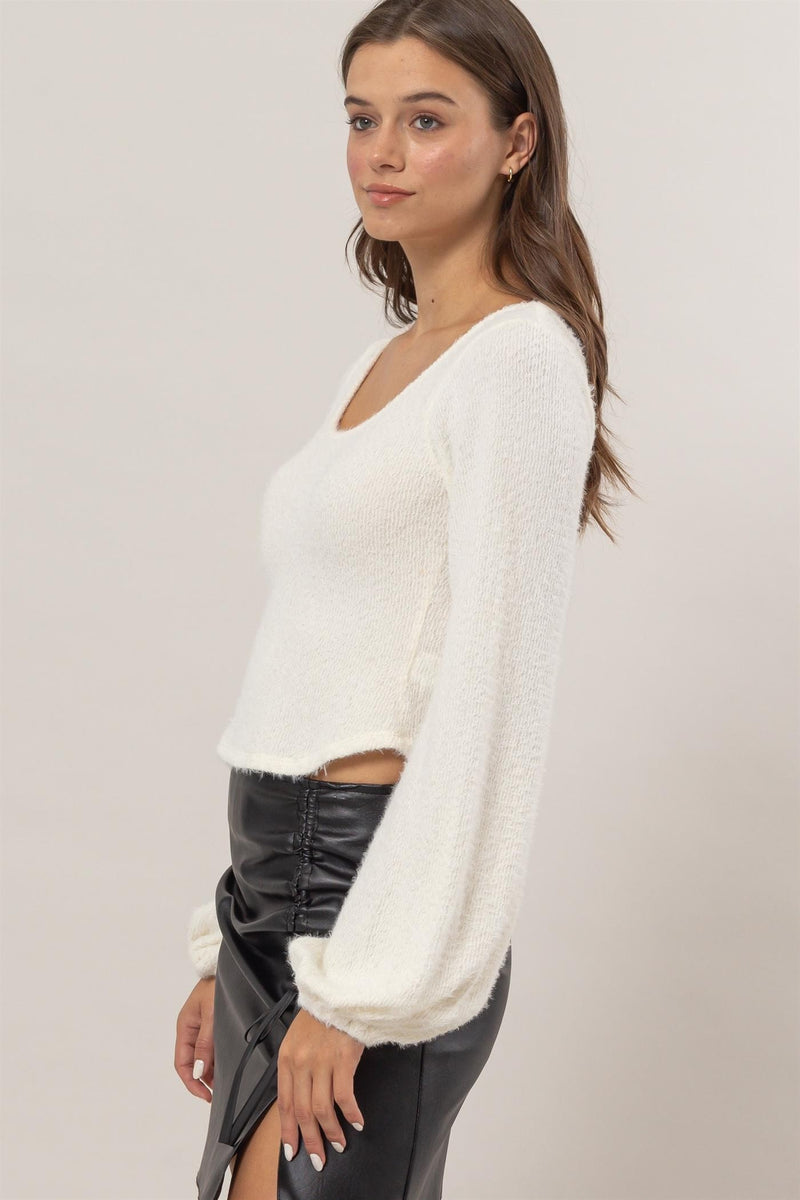 Scoop Neck Fuzzy Knit Top - Off White