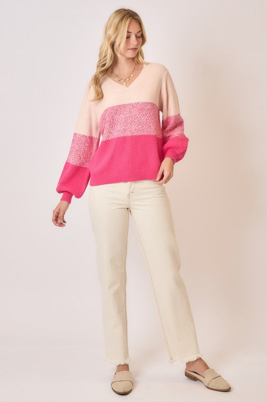 Waffle Colorblock Sweater - Pink