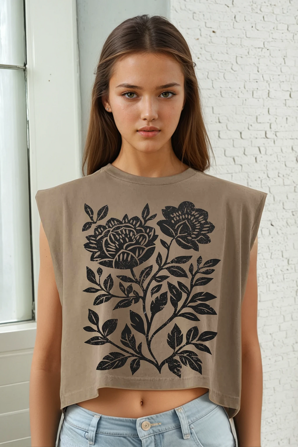 Black Floral Print Muscle Tee - Brown