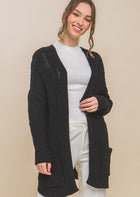 Chenille Cable Knit Cardigan-Black