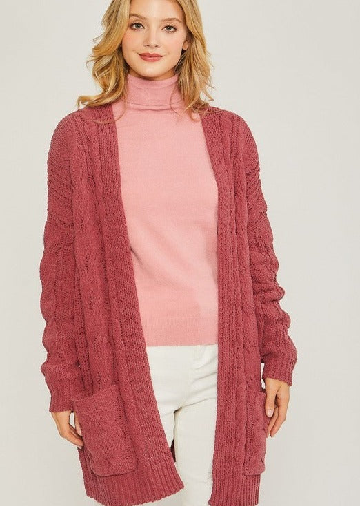 Chenille Cable Knit Cardigan-Cherry