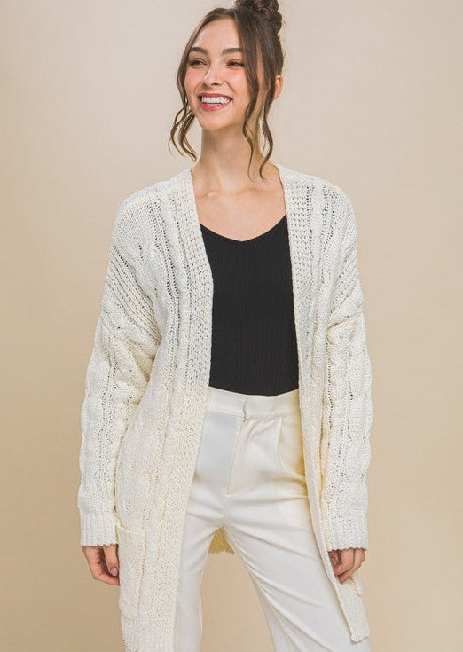 Chenille Cable Knit Cardigan-Ivory