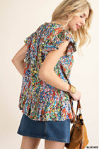 Watercolor Floral Ruffle Top - Blue Mix
