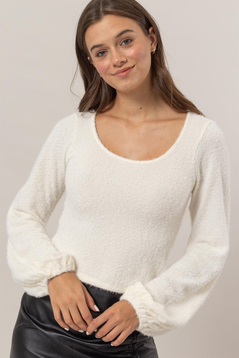 Scoop Neck Fuzzy Knit Top - Off White