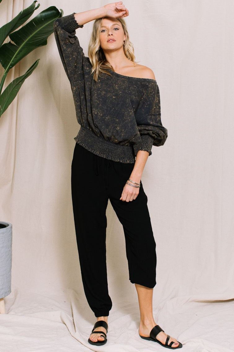 Off Shoulder Washed Terry Top