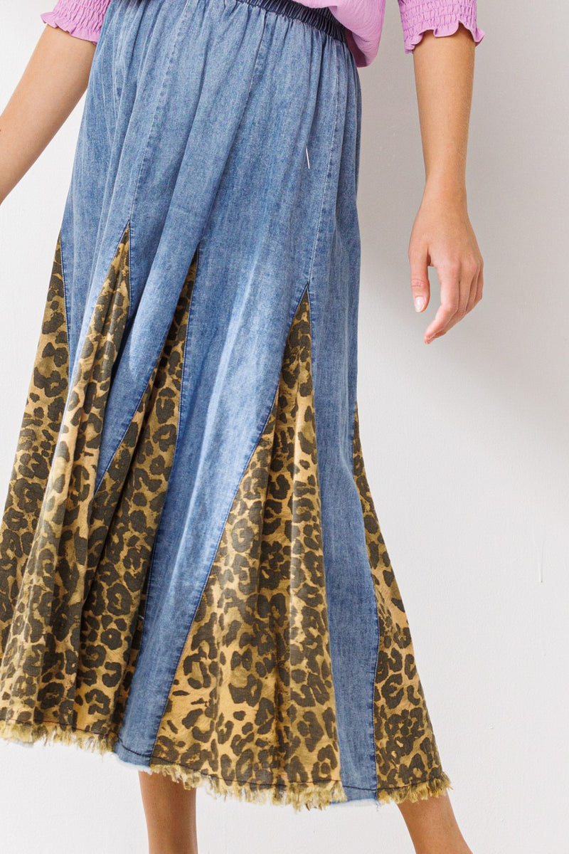 Leopard Denim Maxi Skirt