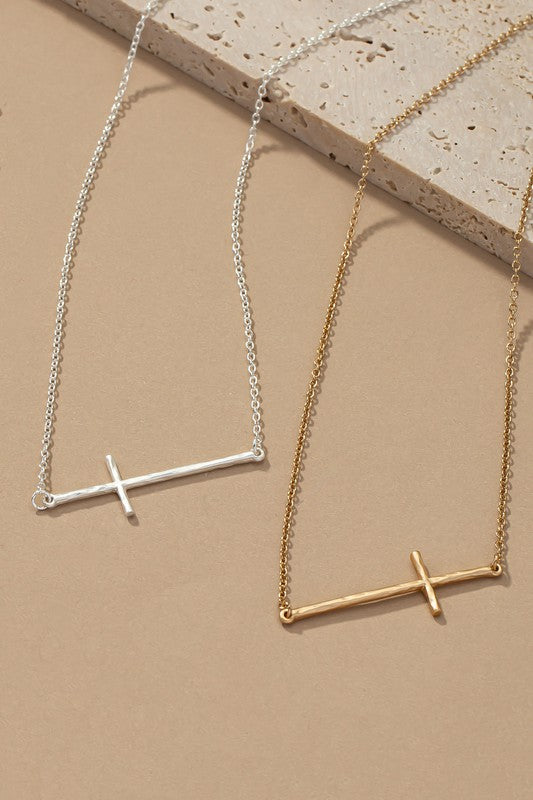 Hammered Sideways Cross Necklace - 2 Colors