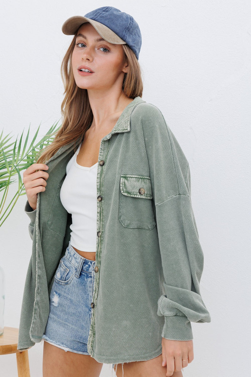 Textured Knit Shacket - Light Olive