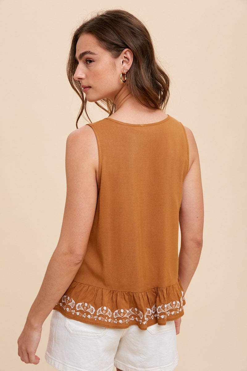 Embroidered Tie-Front Tank