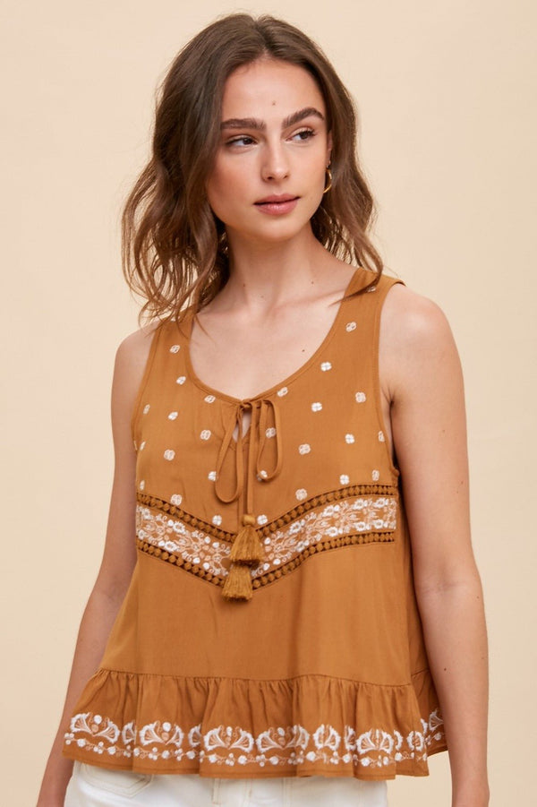 Embroidered Tie-Front Tank