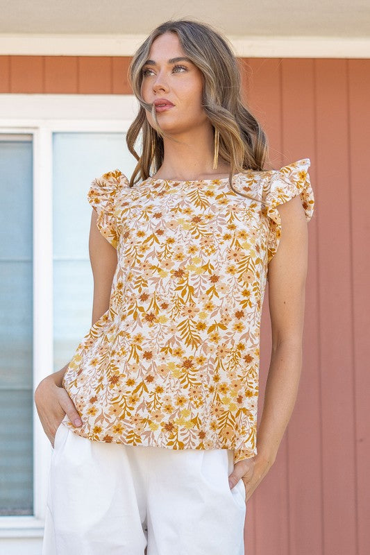 Ruffle Shoulder Print Top - Floral