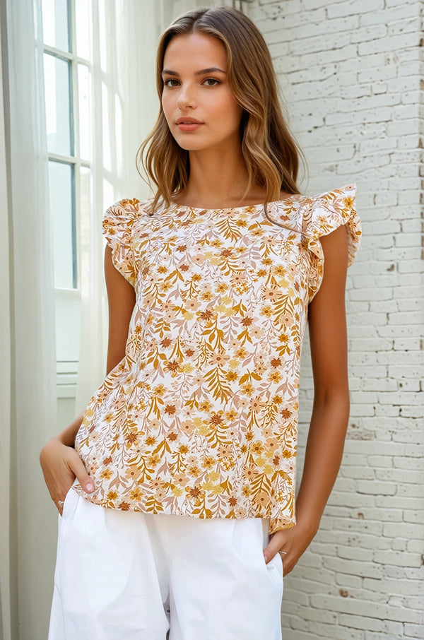Ruffle Shoulder Print Top - Floral