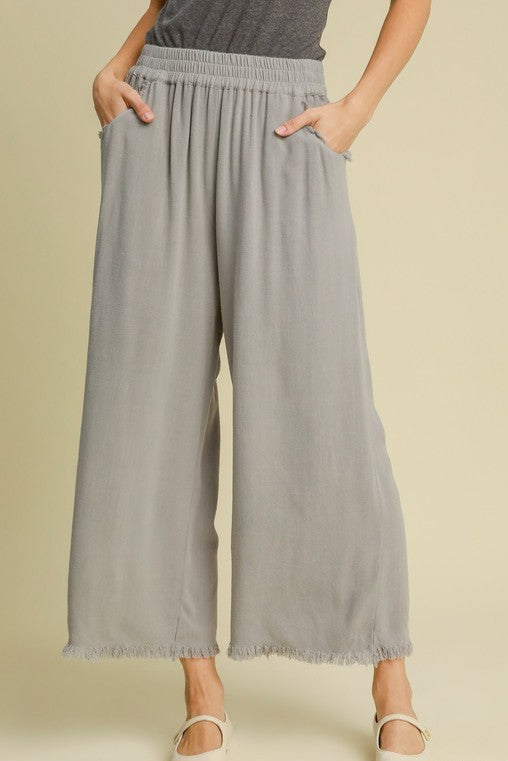 Wide Leg Frayed Hem Pants - Cool Grey