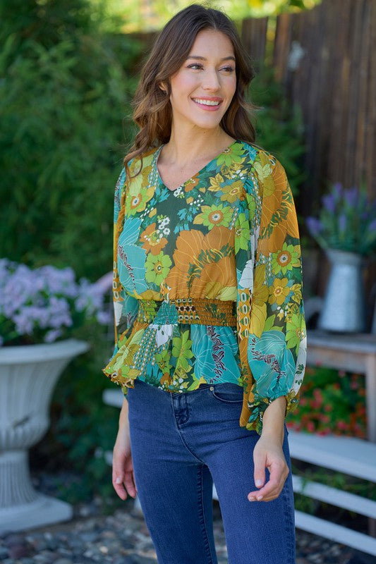 Green Floral Smocked Waist Blouse