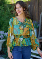 Green Floral Smocked Waist Blouse