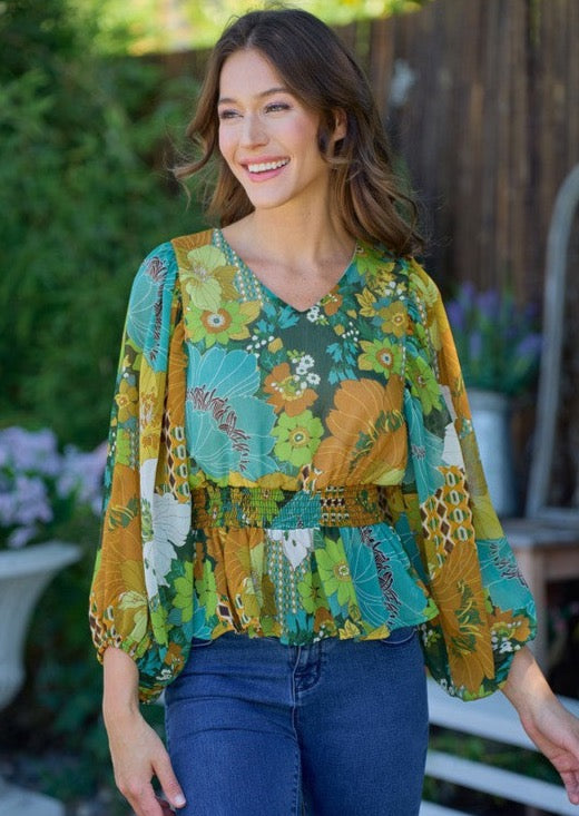 Green Floral Smocked Waist Blouse