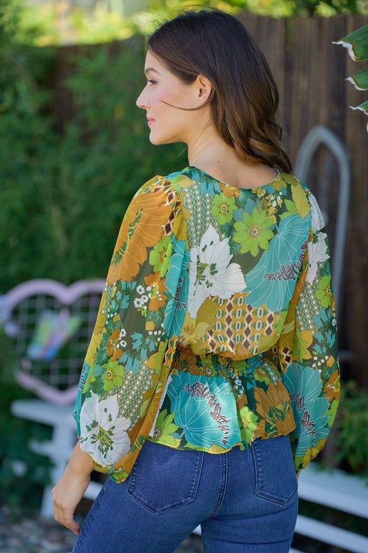Green Floral Smocked Waist Blouse