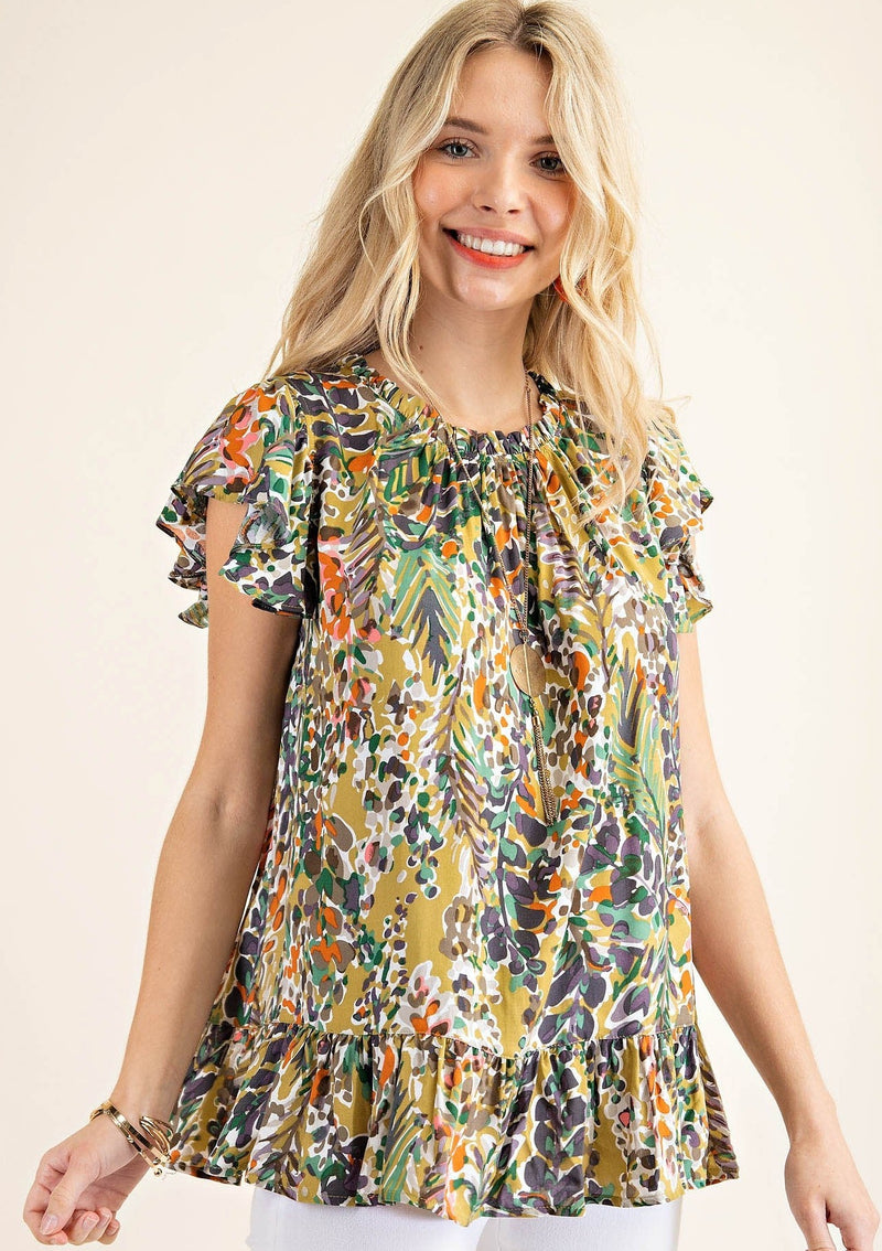 Watercolor Floral Ruffle Top - Green Mix