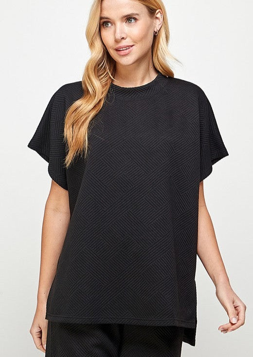Textured Knit Short Sleeve Top - Black