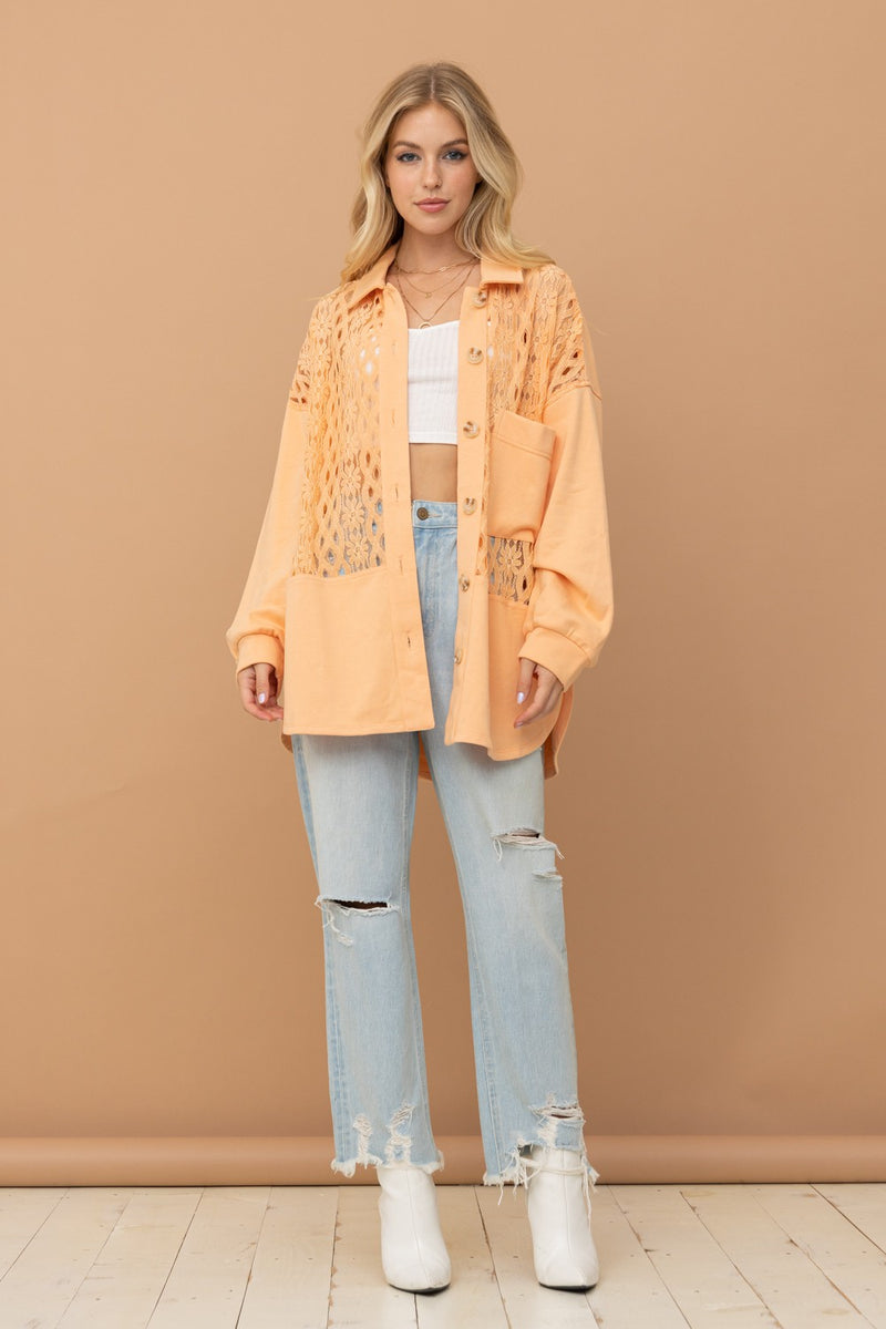 Lace Contrast French Terry Shacket - Apricot