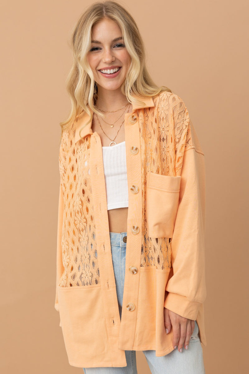 Lace Contrast French Terry Shacket - Apricot