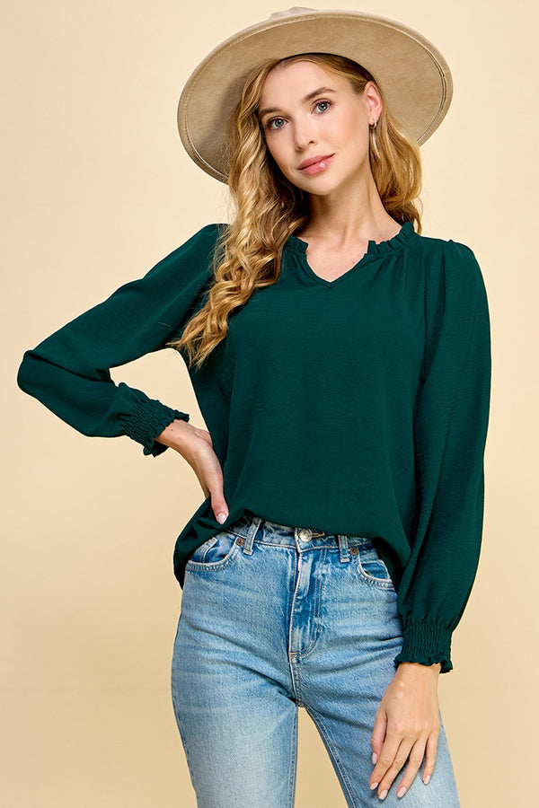 Solid Ruffle V-Neck Top - Hunter Green