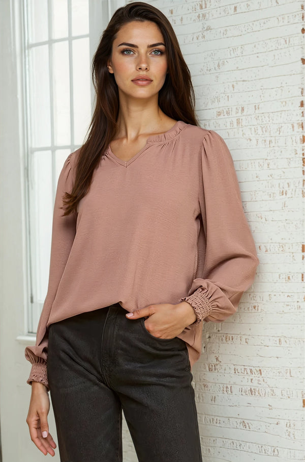 Ruffle V-neck Blouse - Mocha