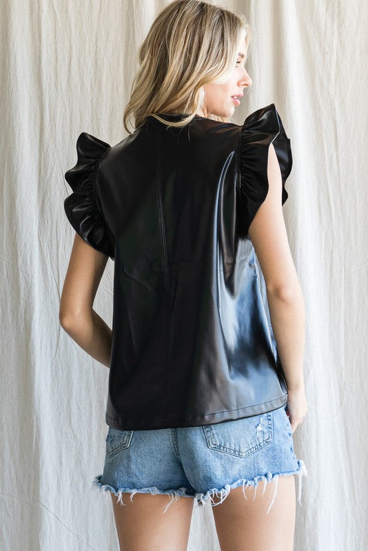 Leather Ruffle Shoulder Top