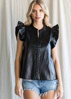 Leather Ruffle Shoulder Top