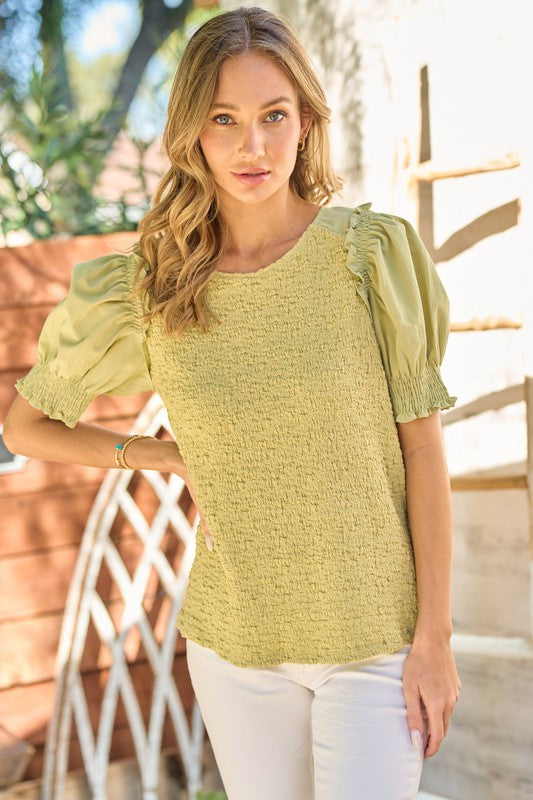 Textured Knit Puff Sleeve Top