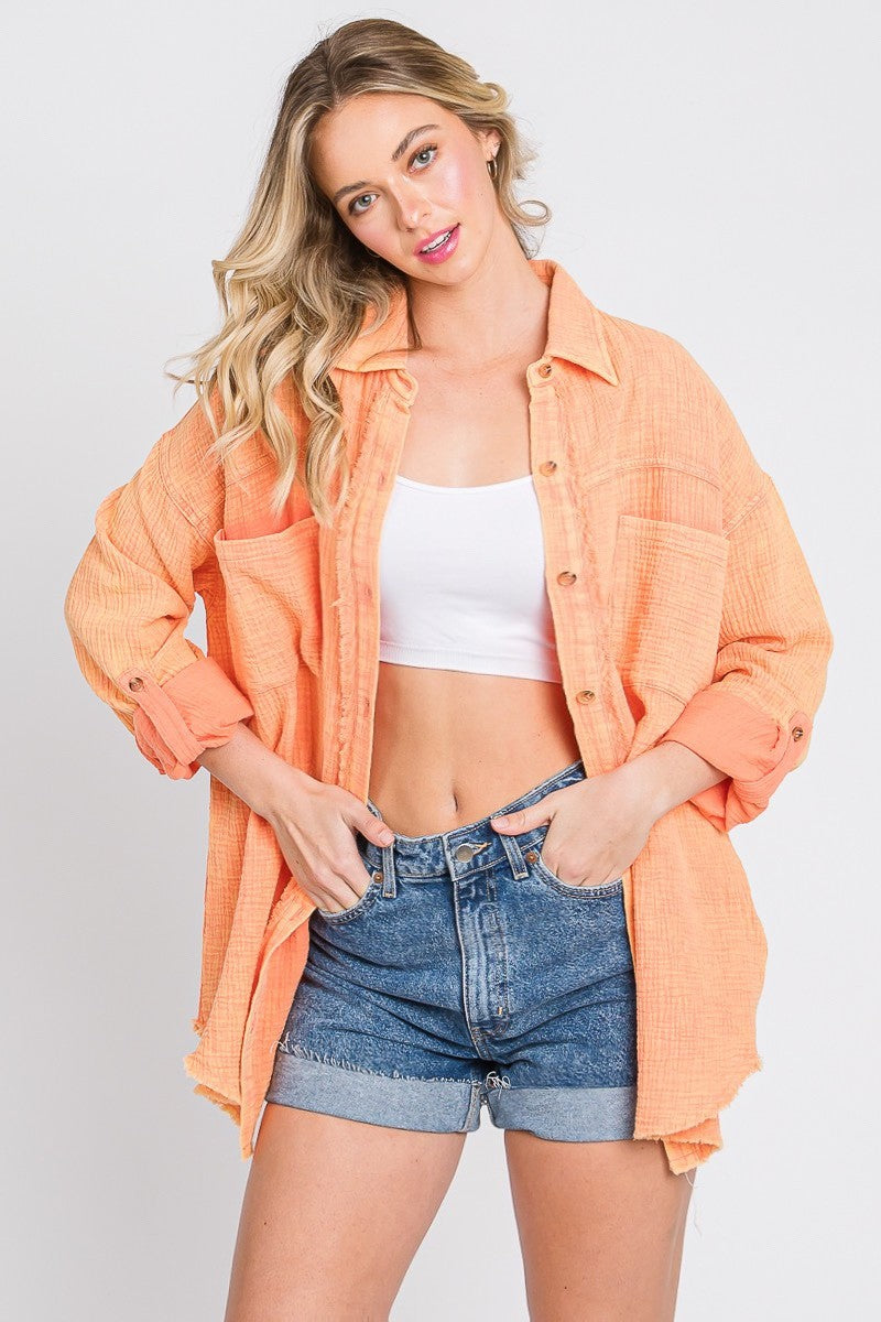 Solid Cotton Gauze Shacket - Peach