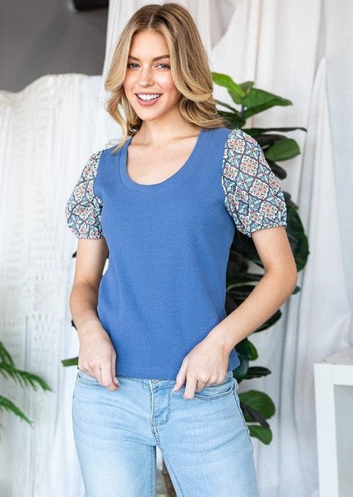 Cotton Rib Top with Contrast Bubble Sleeve