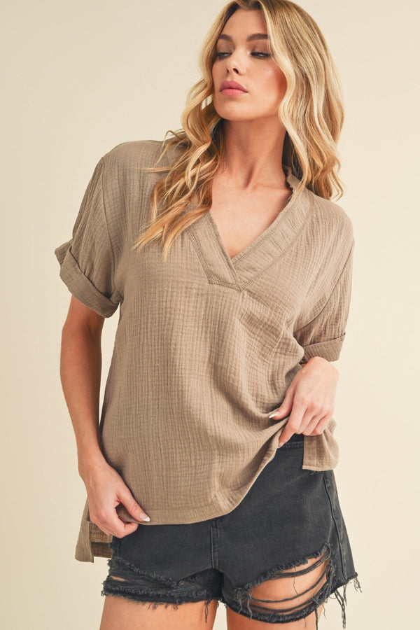 Cotton Gauze V-Neck Top - Latte