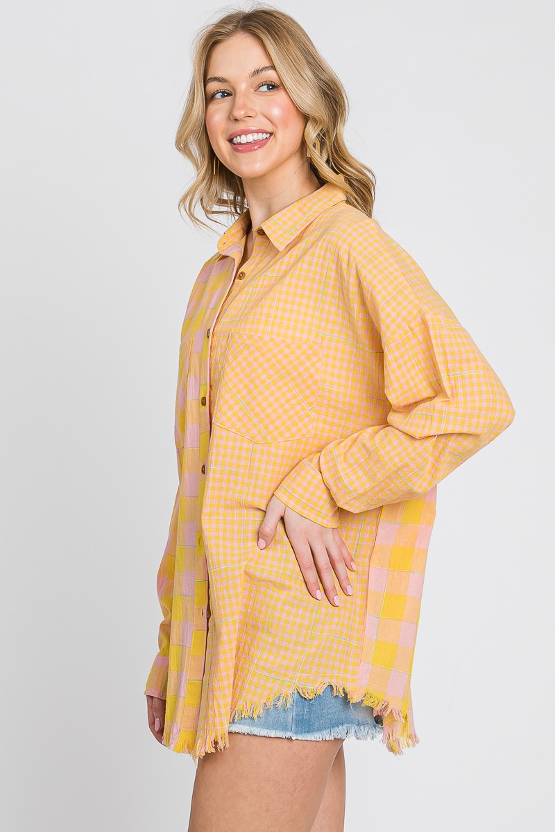 Colorblock Checkered Button Up