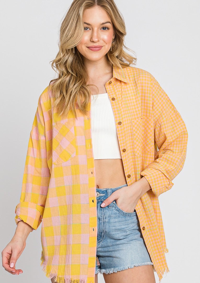 Colorblock Checkered Button Up