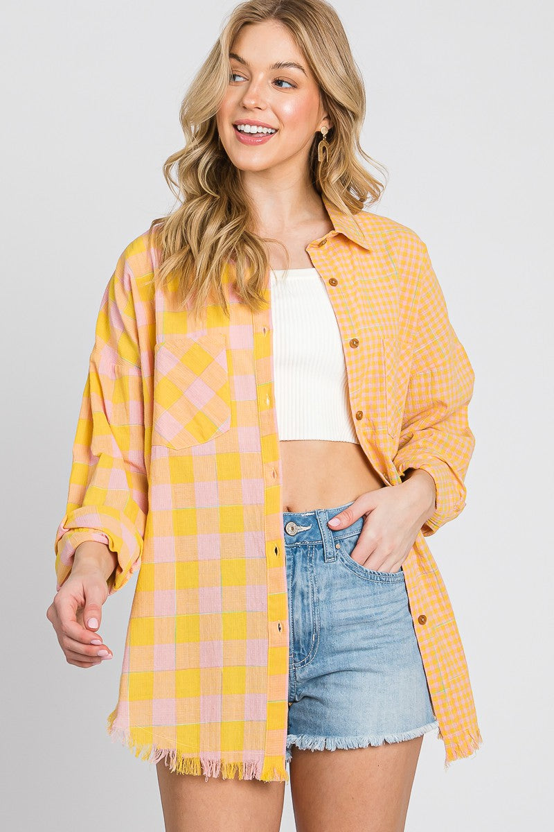 Colorblock Checkered Button Up
