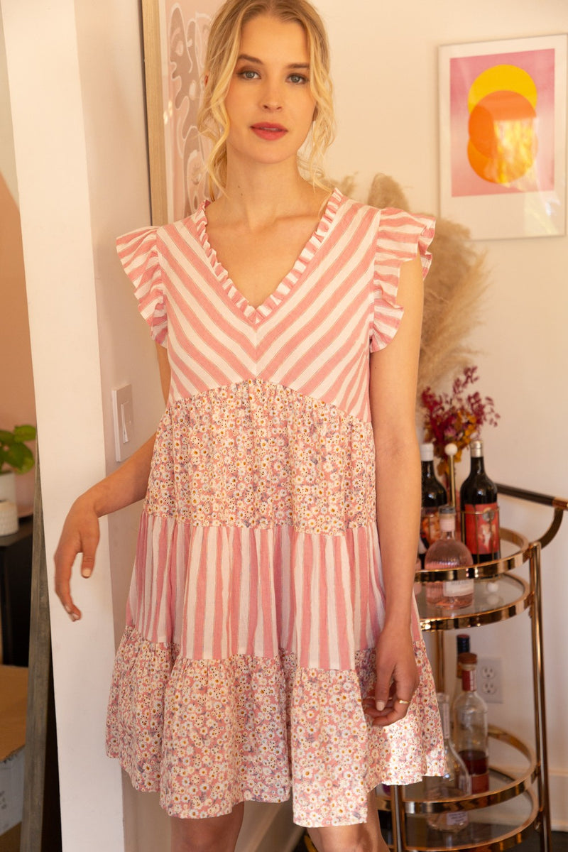 Embroidered Floral And Stripe Mix Dress